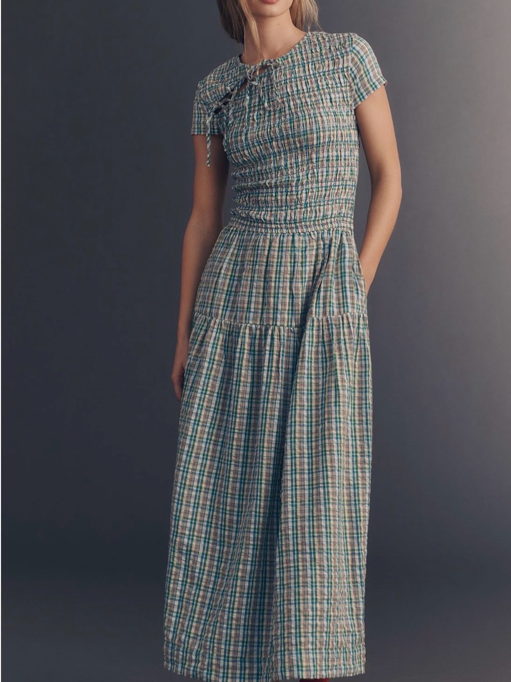 100% Cotton Smocked Plaid Maxi Dress in Teal and Beige